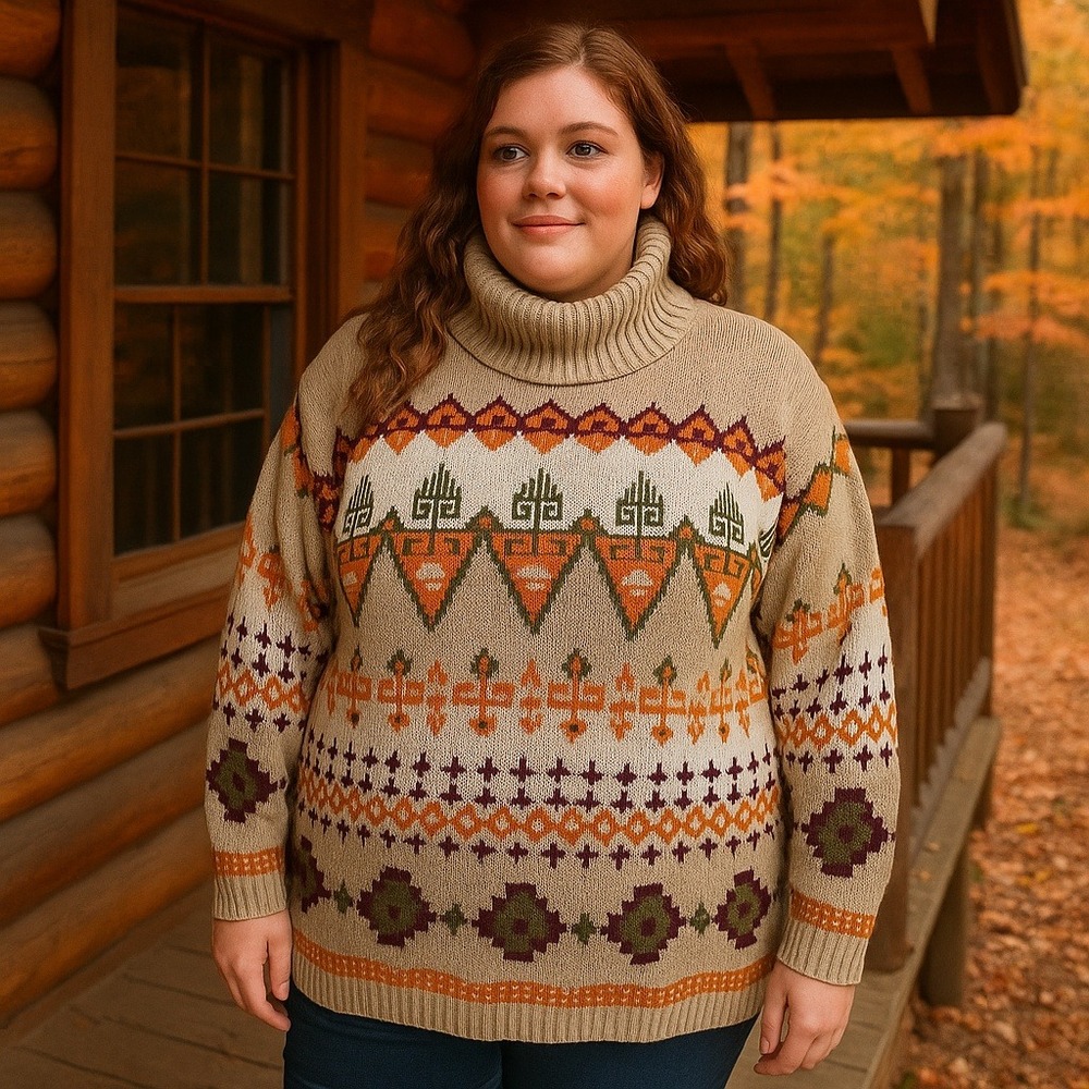 Vintage ME Modern Essentials 2X‎ Southwestern Aztec Turtleneck Sweater Fall USA